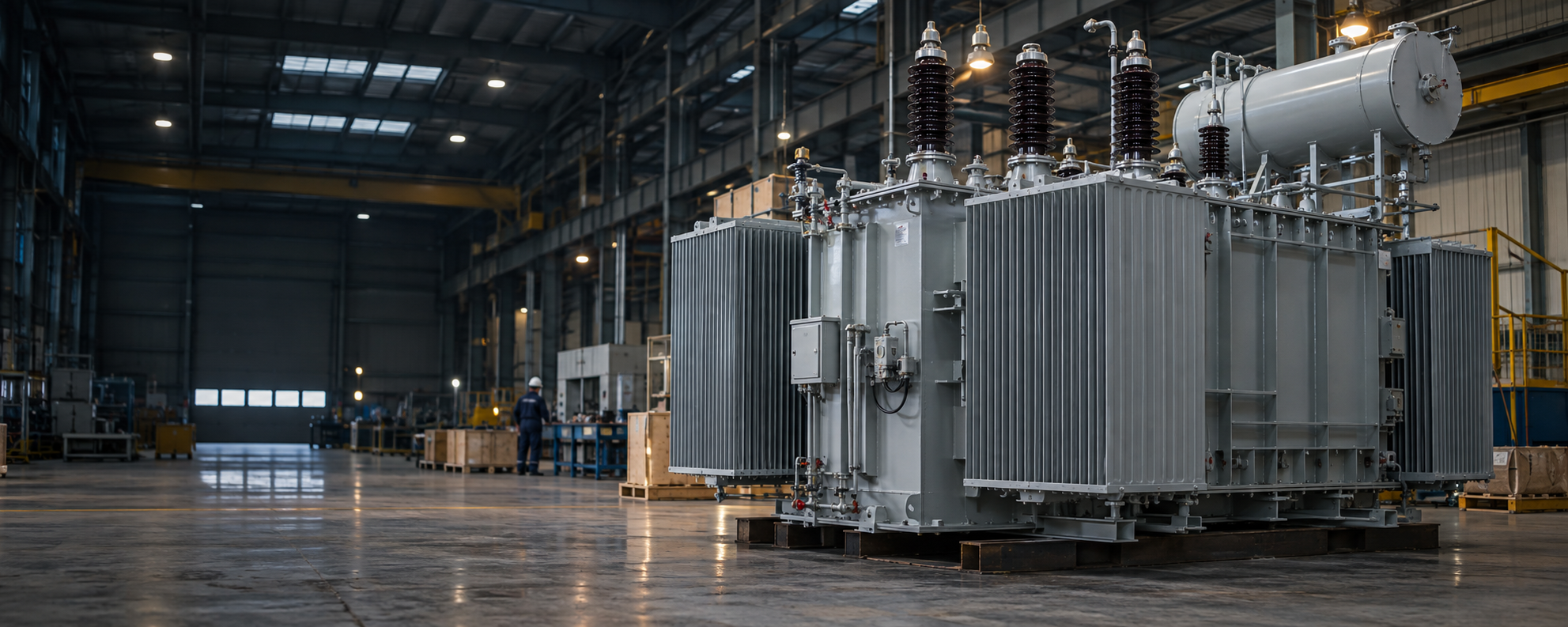 Illustrative distribution transformer inside an industrial equipment hall
